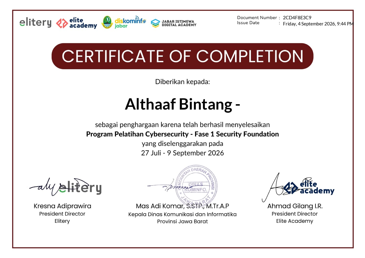 Cybersecurity Fase 1 Security Foundation training certificate