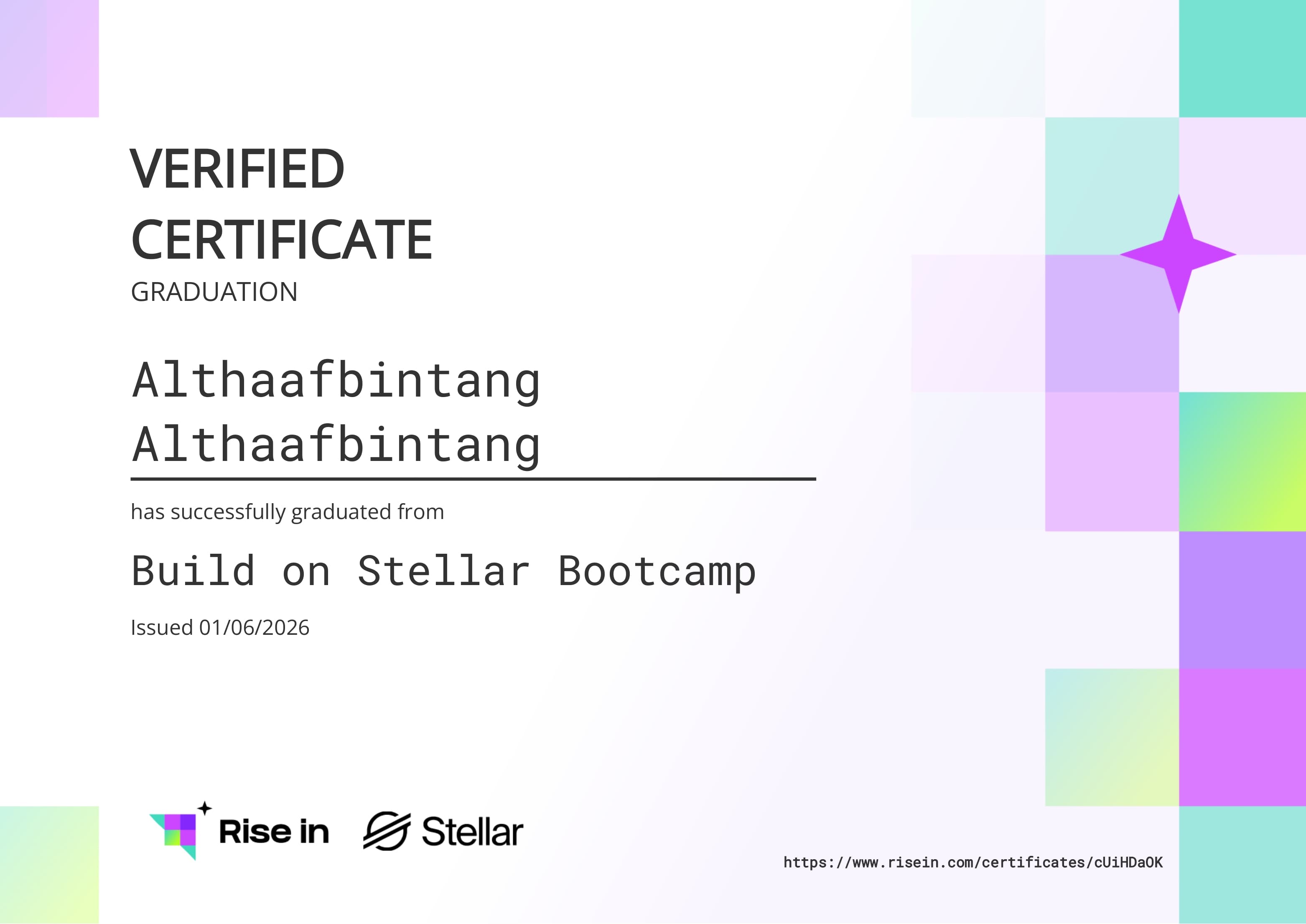 Build on Stellar Bootcamp graduation certificate