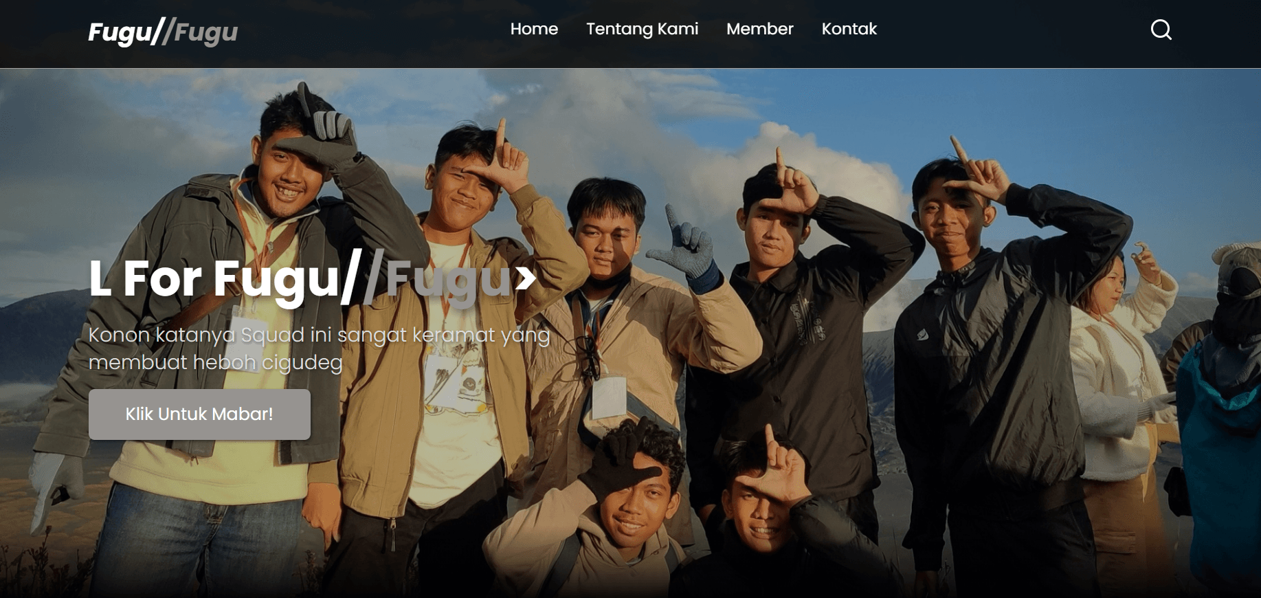 FUGUFUGU group website landing page with a playful illustrated interface